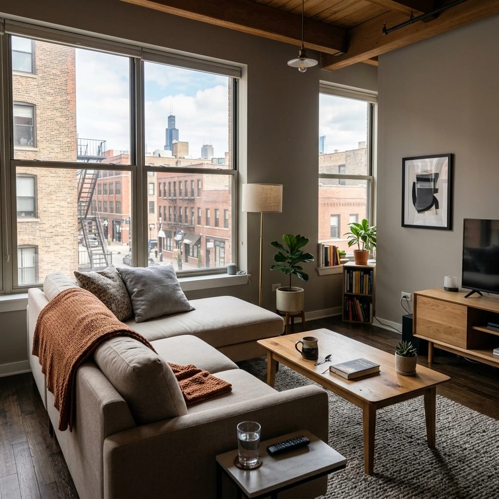 Buy furniture in South Side Chicago with modern living room setup featuring a comfortable sofa and natural lighting