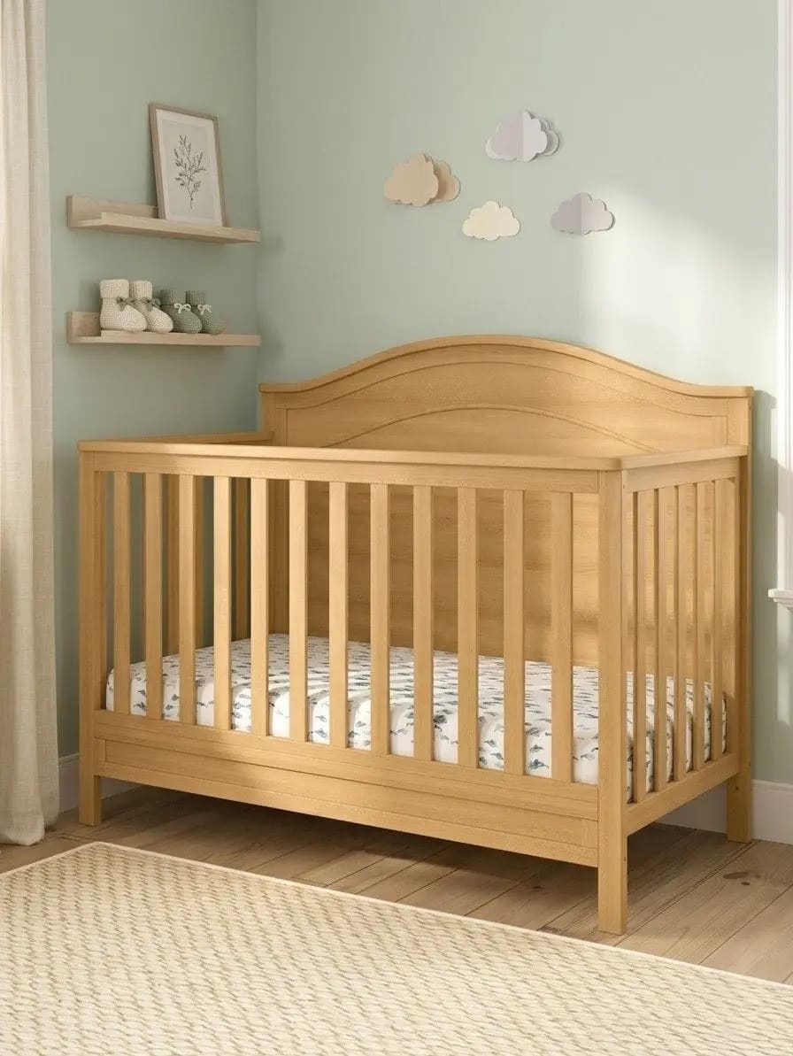 Wooden baby crib in a soft pastel nursery room with minimalist decor – safe and stylish nursery furniture for modern homes