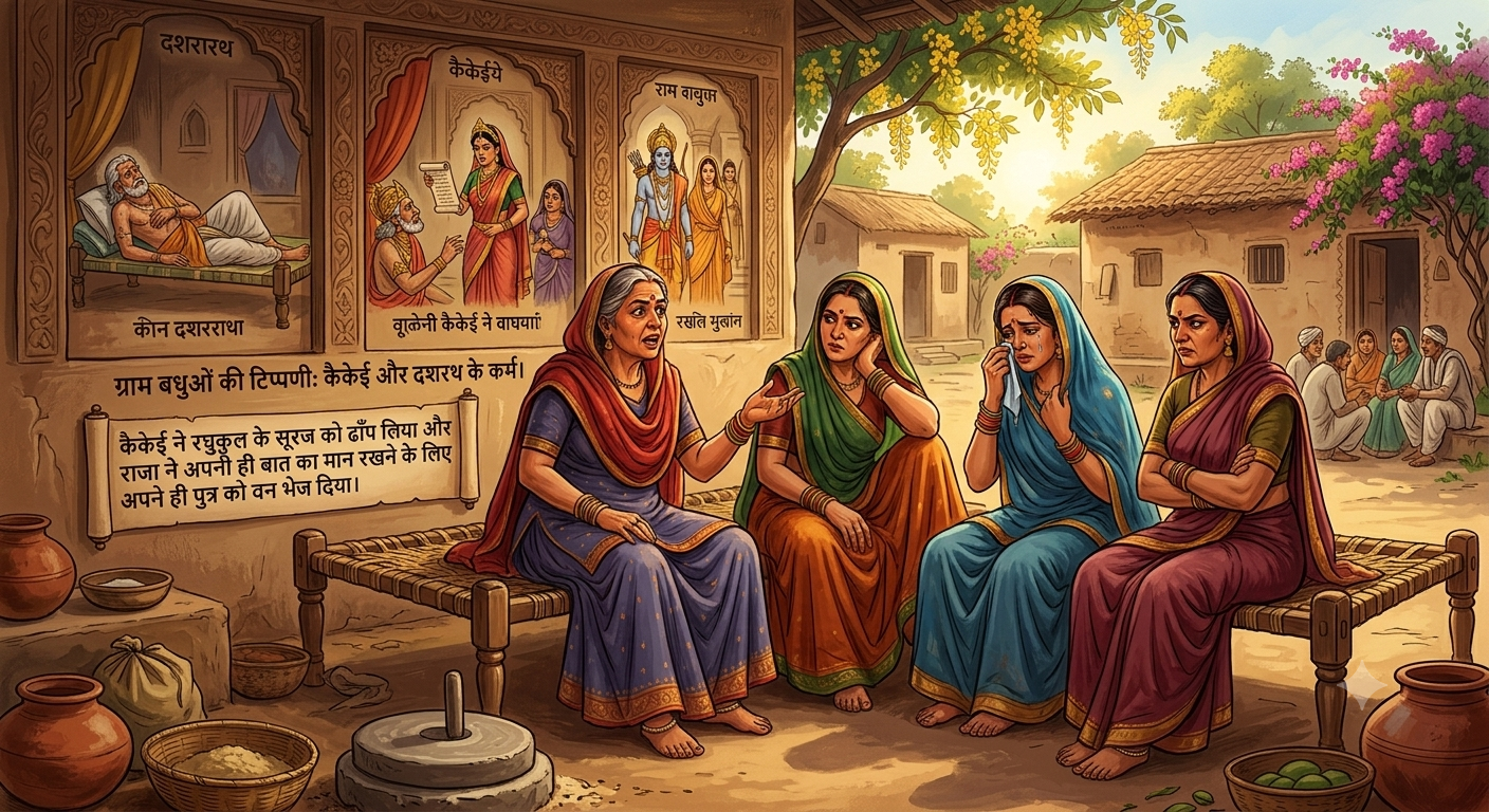 ग्रामवधुओं की कैकेयी और राजा दशरथ पर टिप्पणी करते हुए