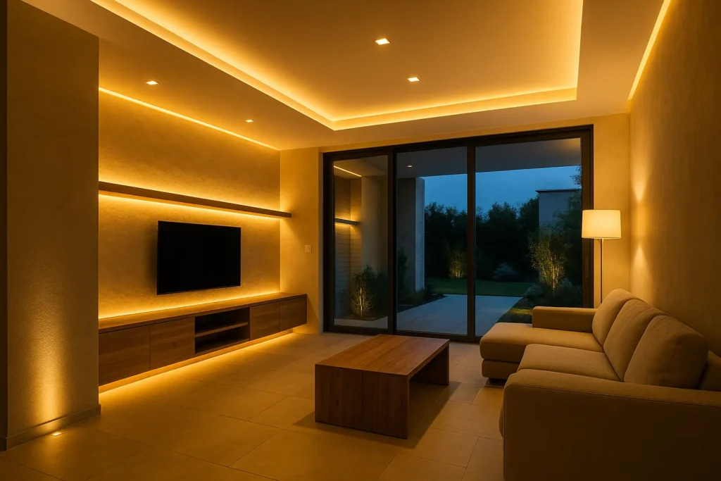 Interior iluminado con lámparas y paneles LED