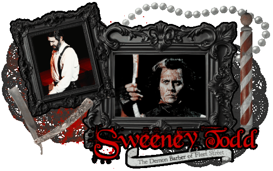alt text: graphic featuring two black picture frames, inside of which are two gifs of Sweeney Todd. in the left frame he is played by josh groban, picking up his straight razor. in the right frame, he is played by johnny depp, with blood all over his face, holding up his straight razor and looking at it. behind the frames are two dark-grey doilies, a splatter of blood, and a pearl necklace. on top of the left frame is a straight razor png, and beside the right frame is an old barber pole png. below all of this is a logo reading Sweeney Todd, The Demon Barber of Fleet Street.