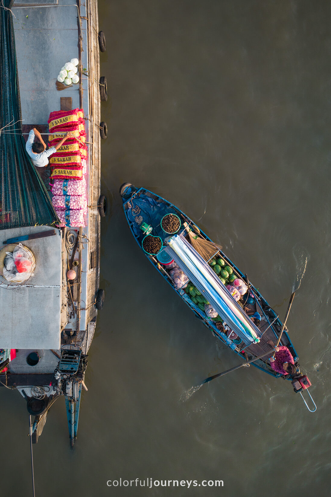 Birds-eye view of boats in the Mekong Delta, Vietnam