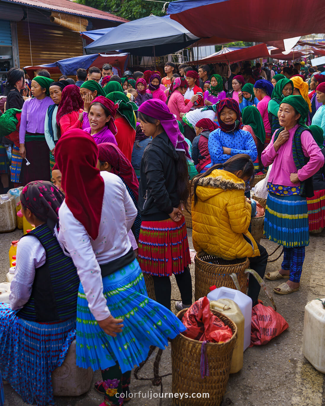 Women wearing colorful clothes at Meo Vac Market, Vietnam