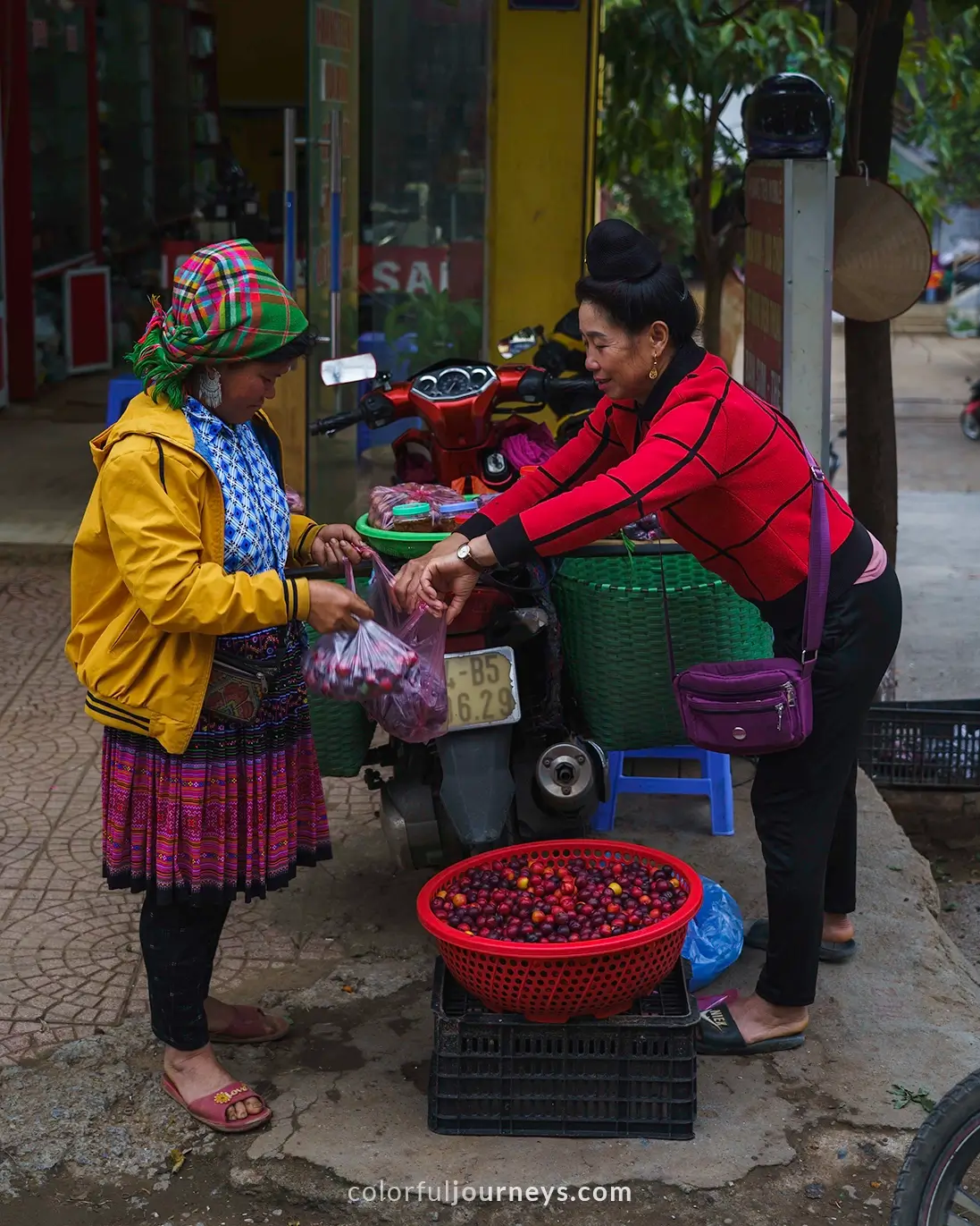 A woman sells fresh plums at market in Vietnam