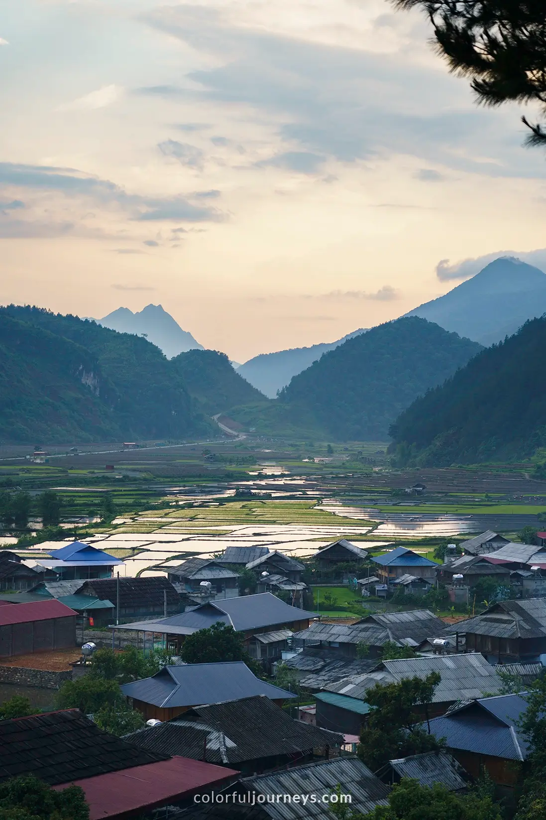 Flooded rice fields with mountains in the background, Ngoc Chien, Vietnam