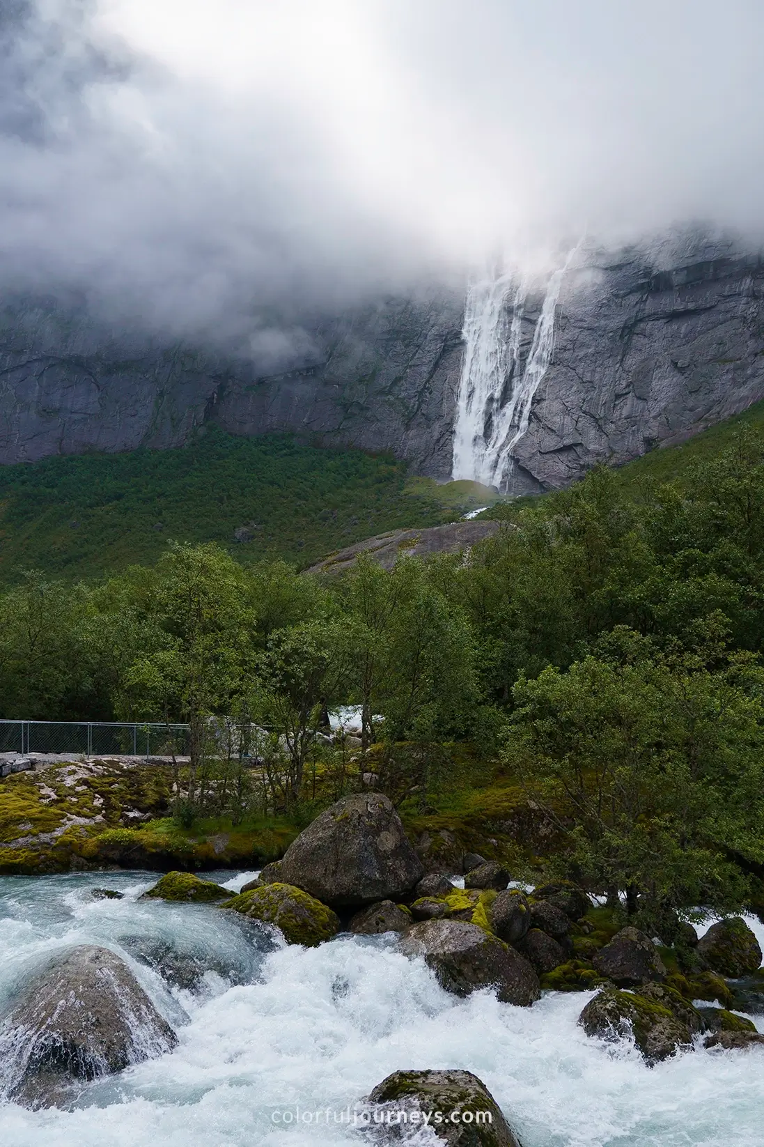A river with a waterfall in the background at Briksdalsbreen Glacier in Norway