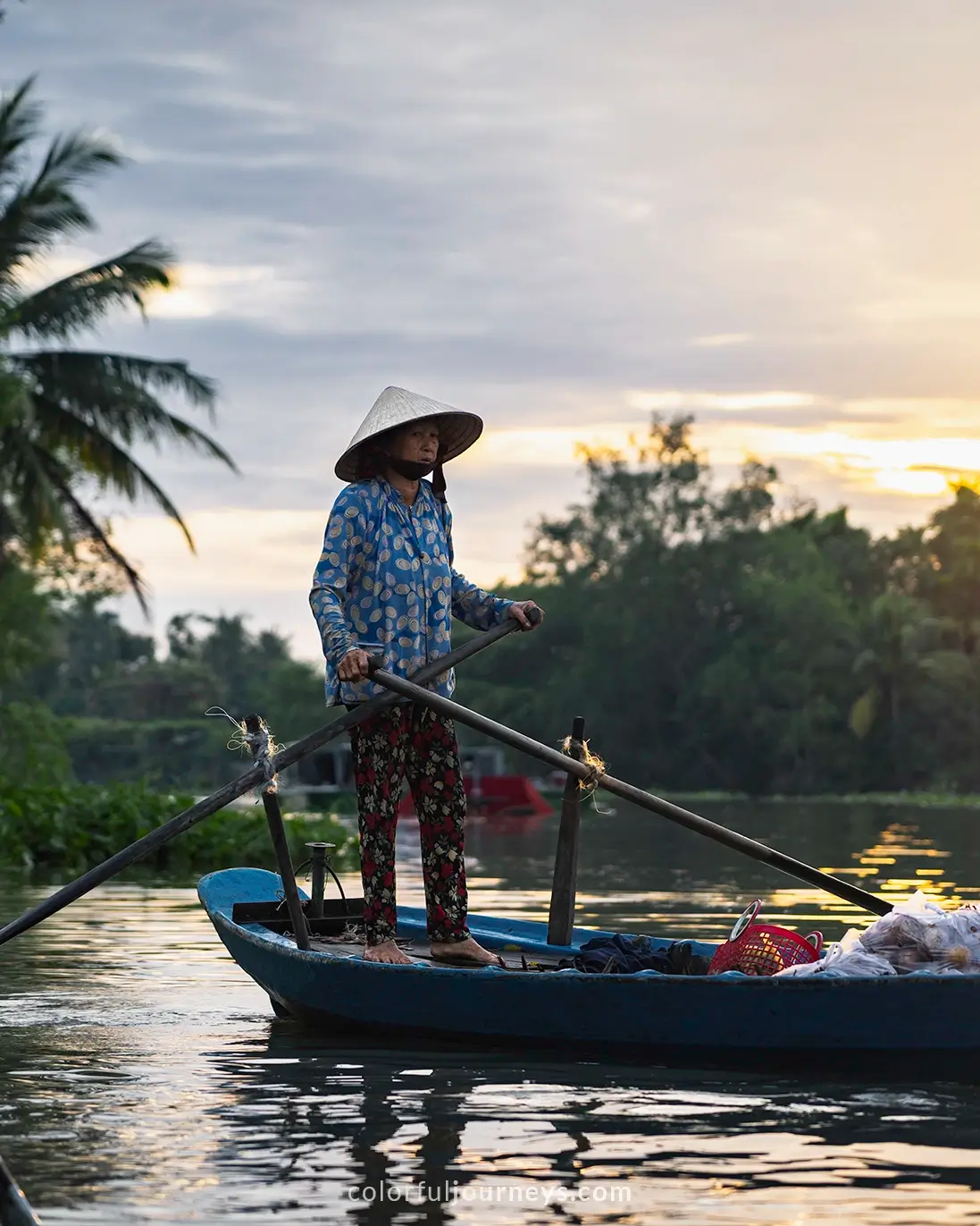 A woman wearing a conical hat on a wooden boat in Vietnam