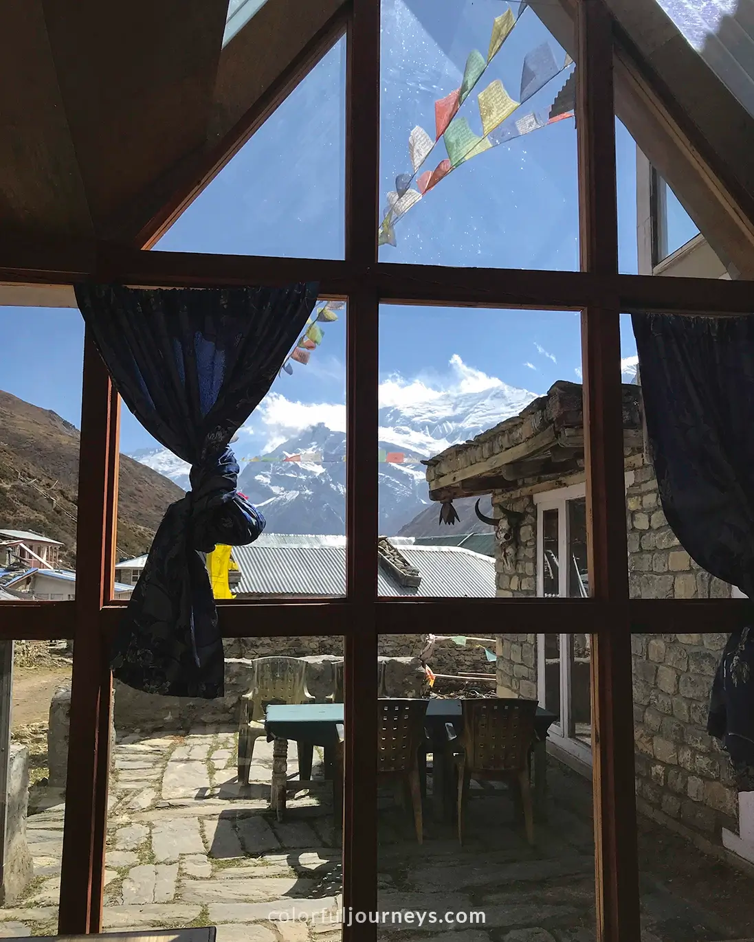 The mountains of the Himalayas seen through a window