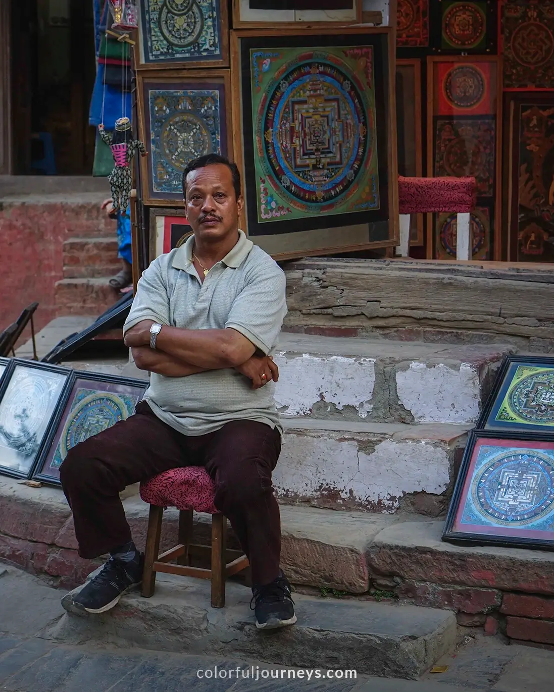 A man sits on a stool in Kathmandu, Nepal