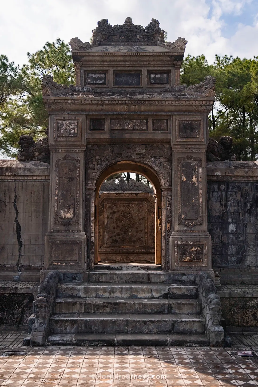 A stone gate at Dong Khanh tomb complex in Hue, Vietnam