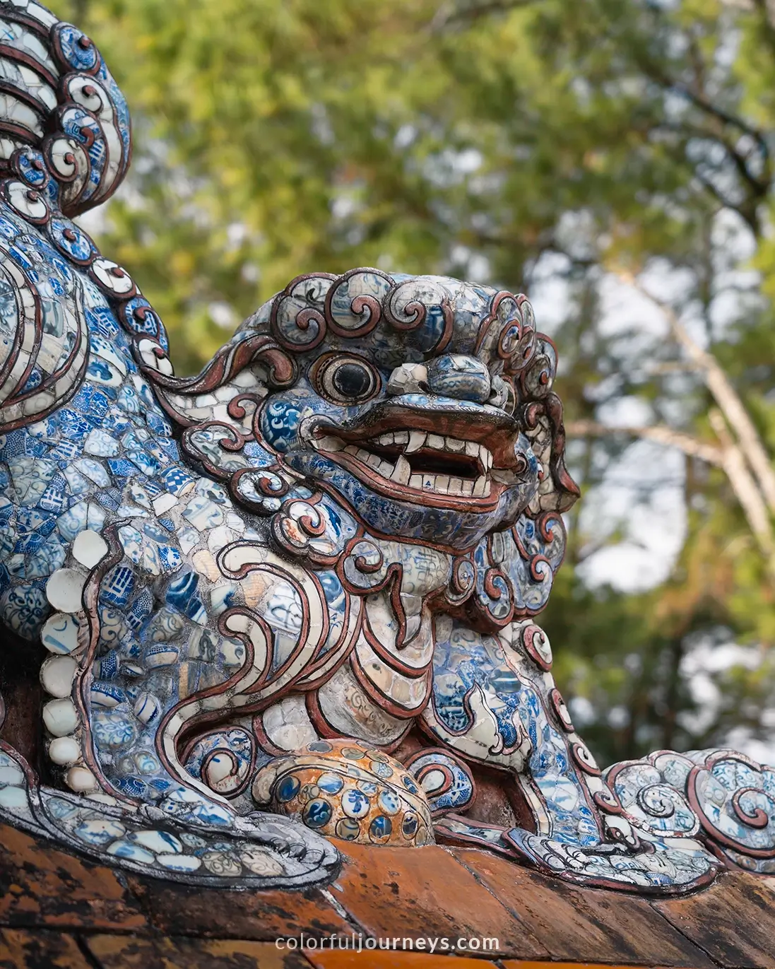 Intricate decorations at Thai Vuong tomb complex in Hue, Vietnam