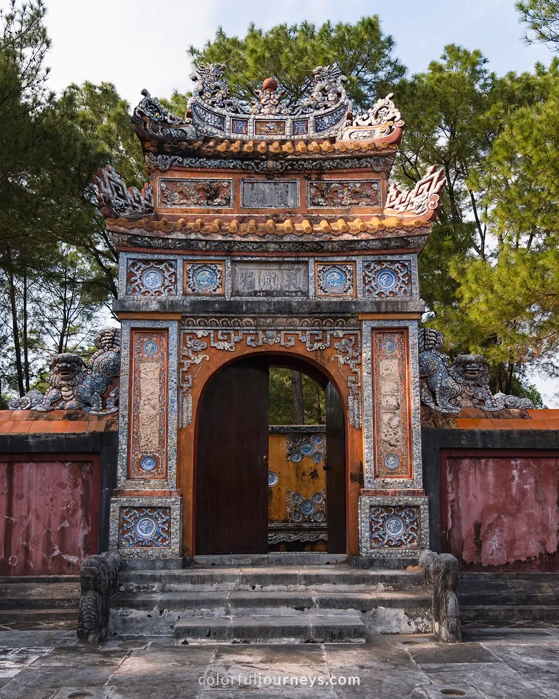 A colorful decorate gate at Thai Vuong tomb complex in Hue, Vietnam