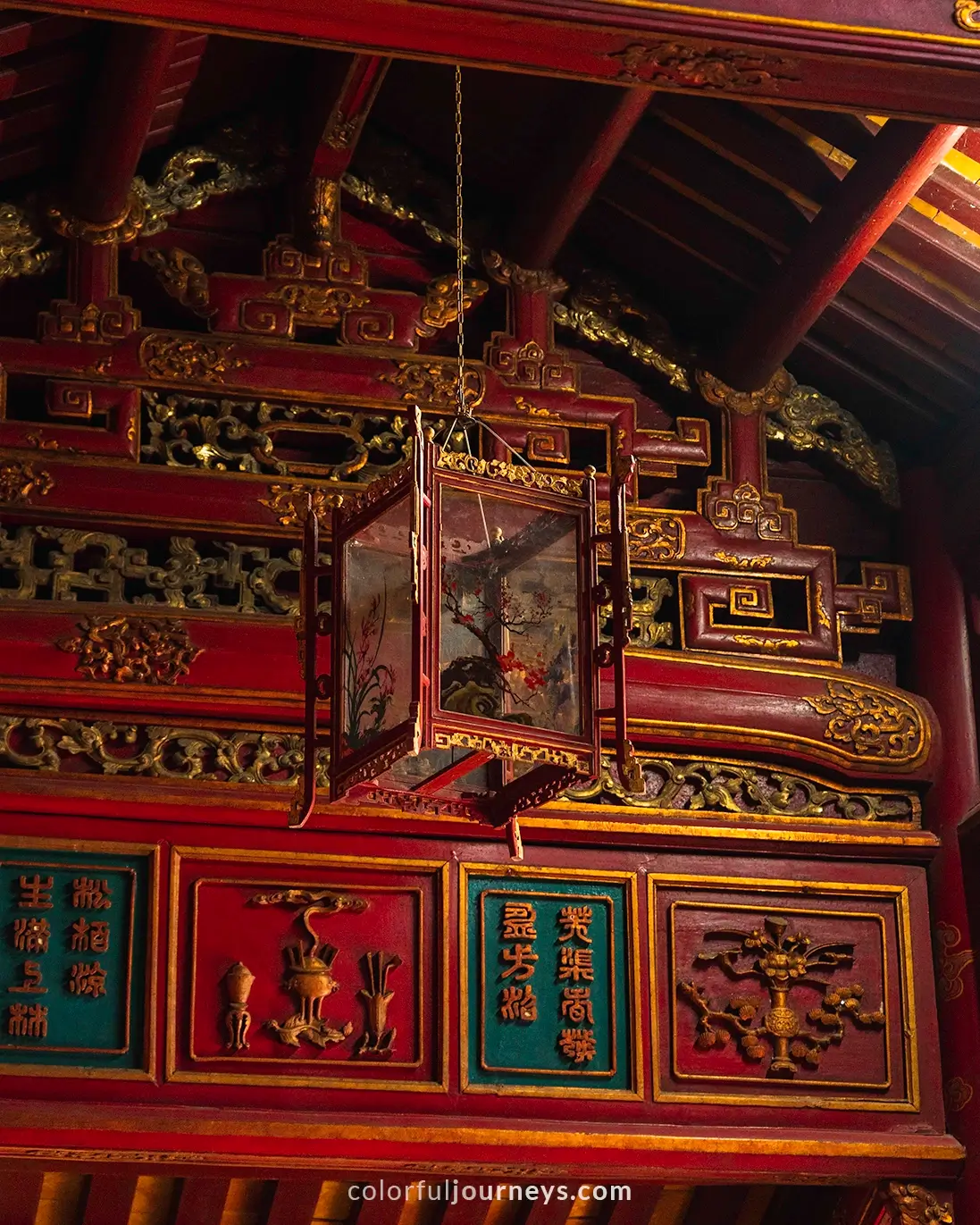 A lantern hangs inside a temple at Minh Mang Mausoleum in Hue, Vietnam