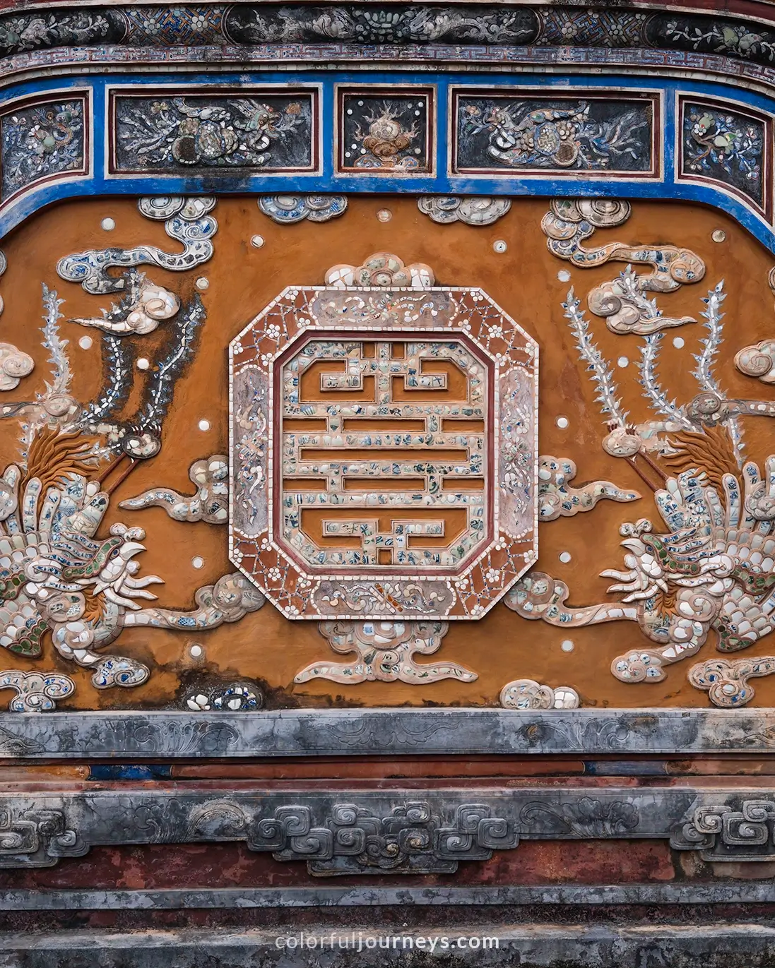 Wall decorations at Tu Duc tomb complex in Hue, Vietnam