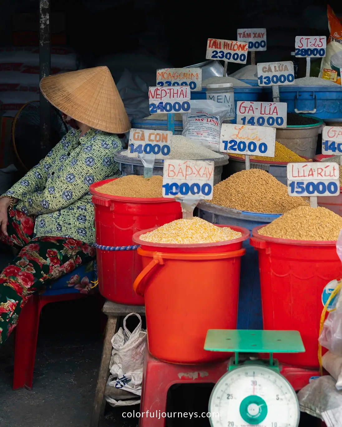 A woman wearing a Non La sit next to buckets filled with spices at Ben Tre market, Vietnam