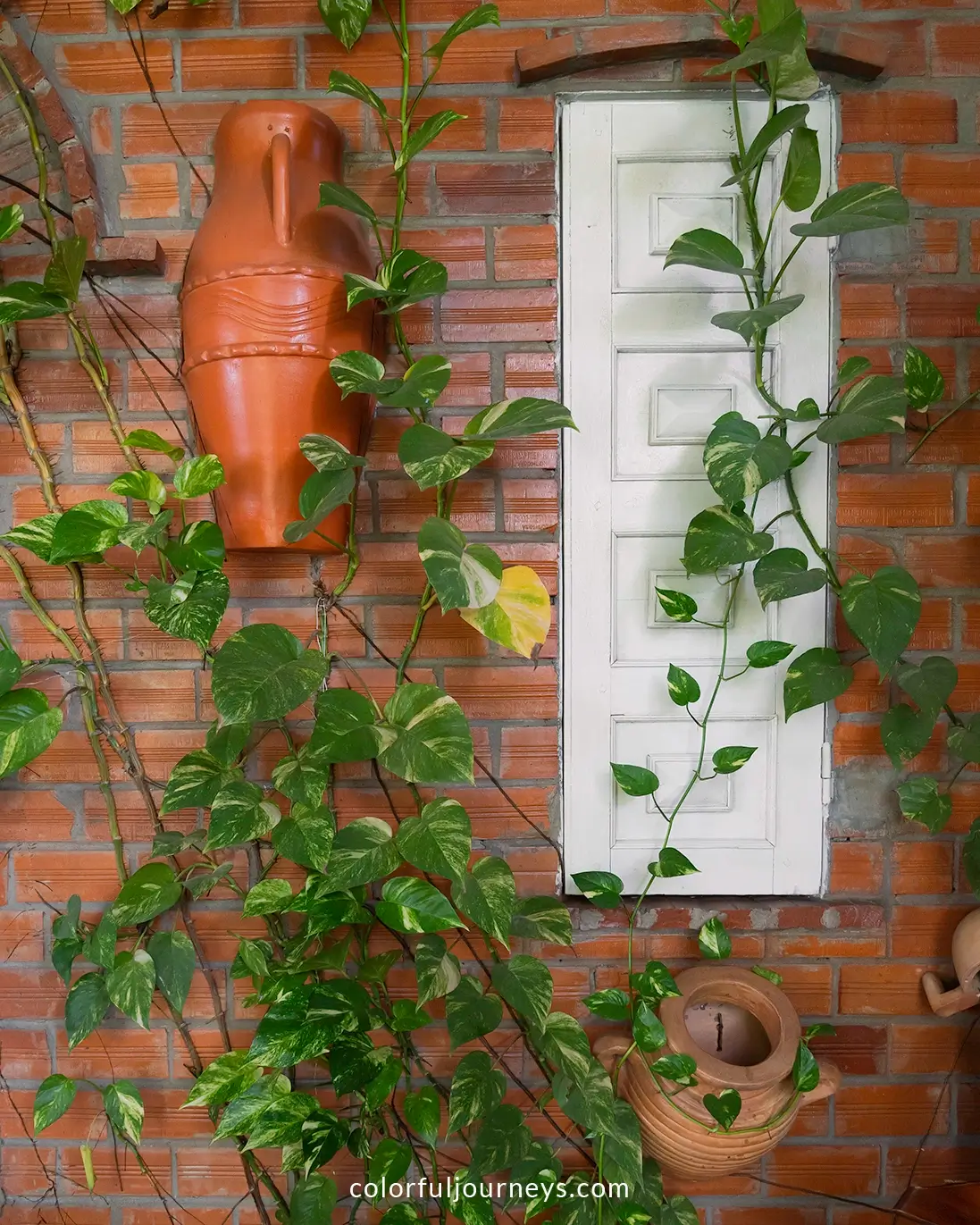 A brick wall overgrown with plants.