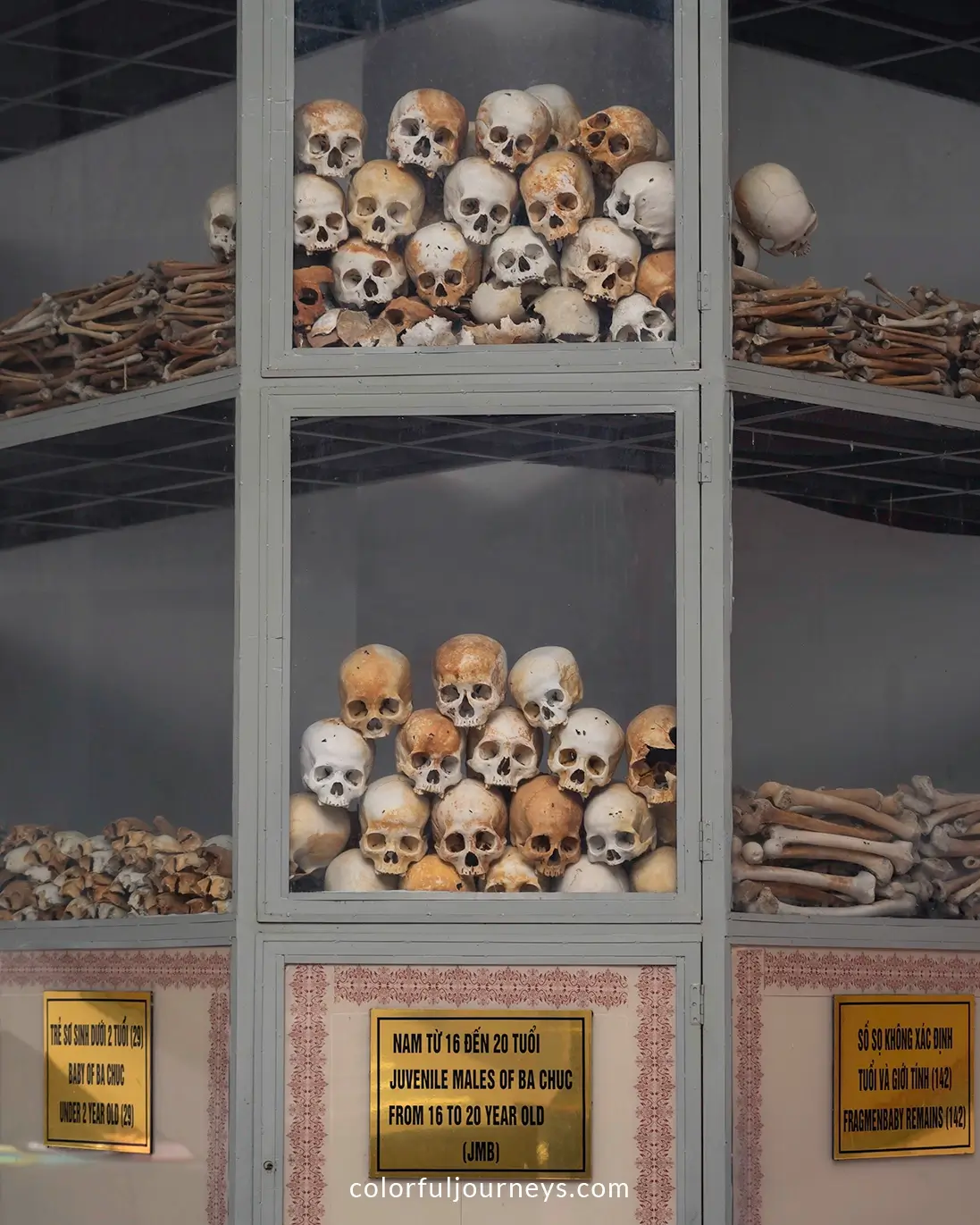 Human remains at an ossuary in Ba Chuc, Vietnam