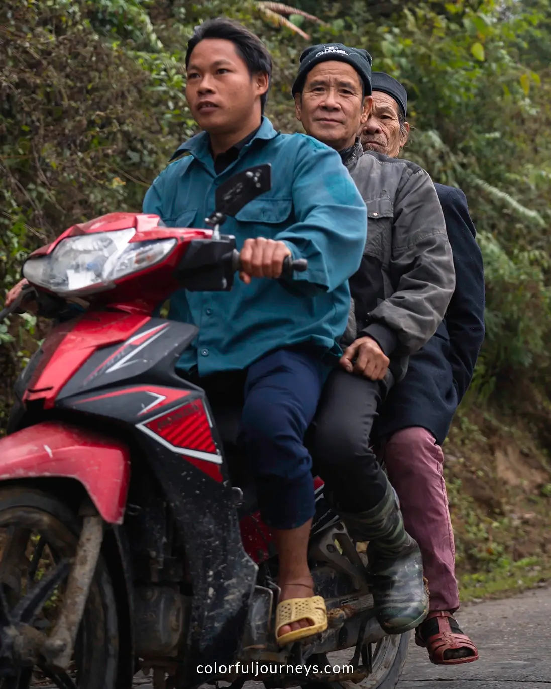 Three men on a motorbike in northern Vietnam