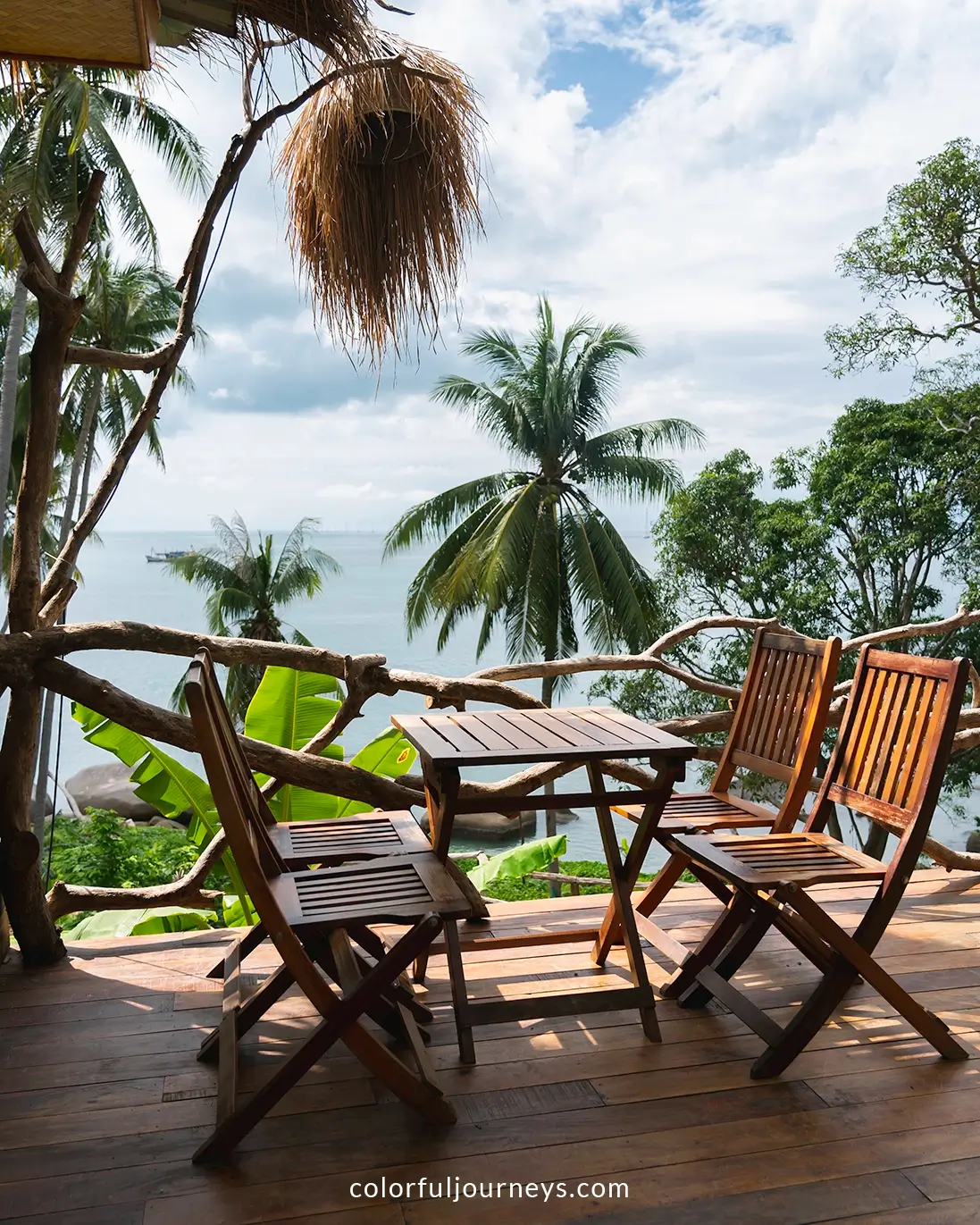 Wooden chairs at a cafe on Hon Son Island, Vietnam