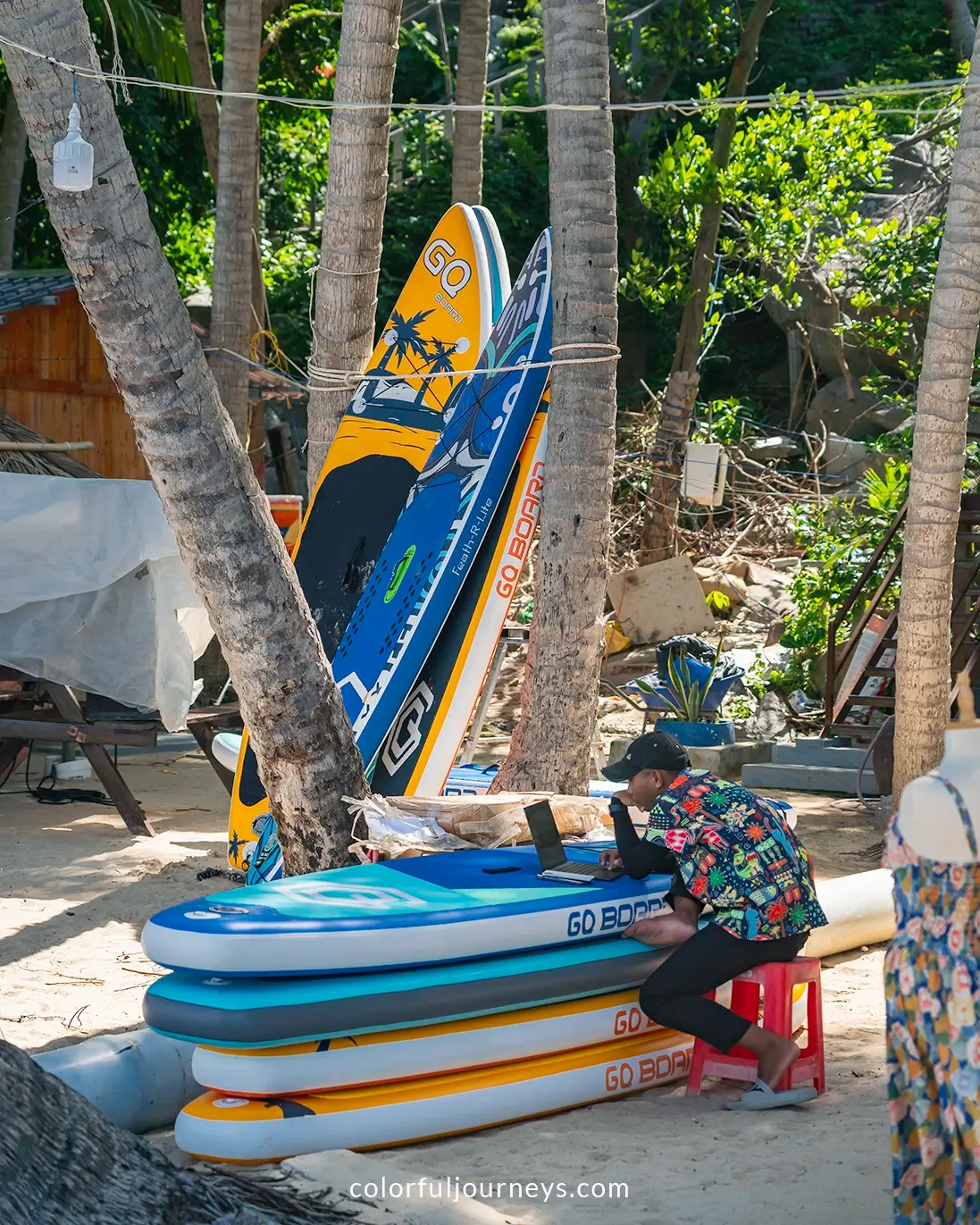 Colorful surfboards on a beach on Hon Son Island, Vietnam