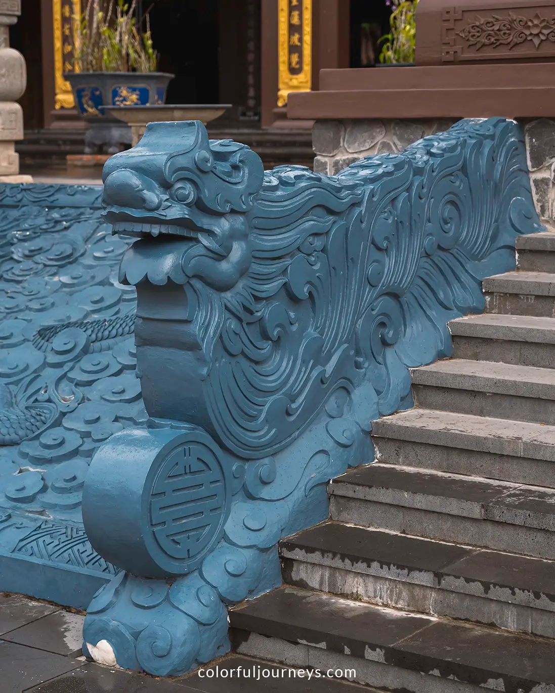 Stair railings designed like a dragon at Phu Dung Pagoda in Ha Tien, Vietnam
