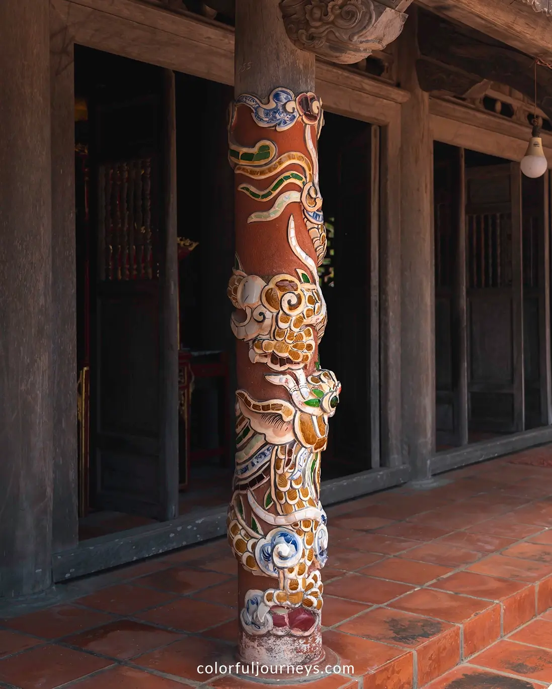 A decorated pillar at An Vinh Communal House on Ly Son Island, Vietnam