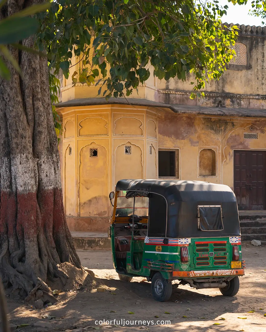 An auto-rickshaw under a tree in Jaipur, India