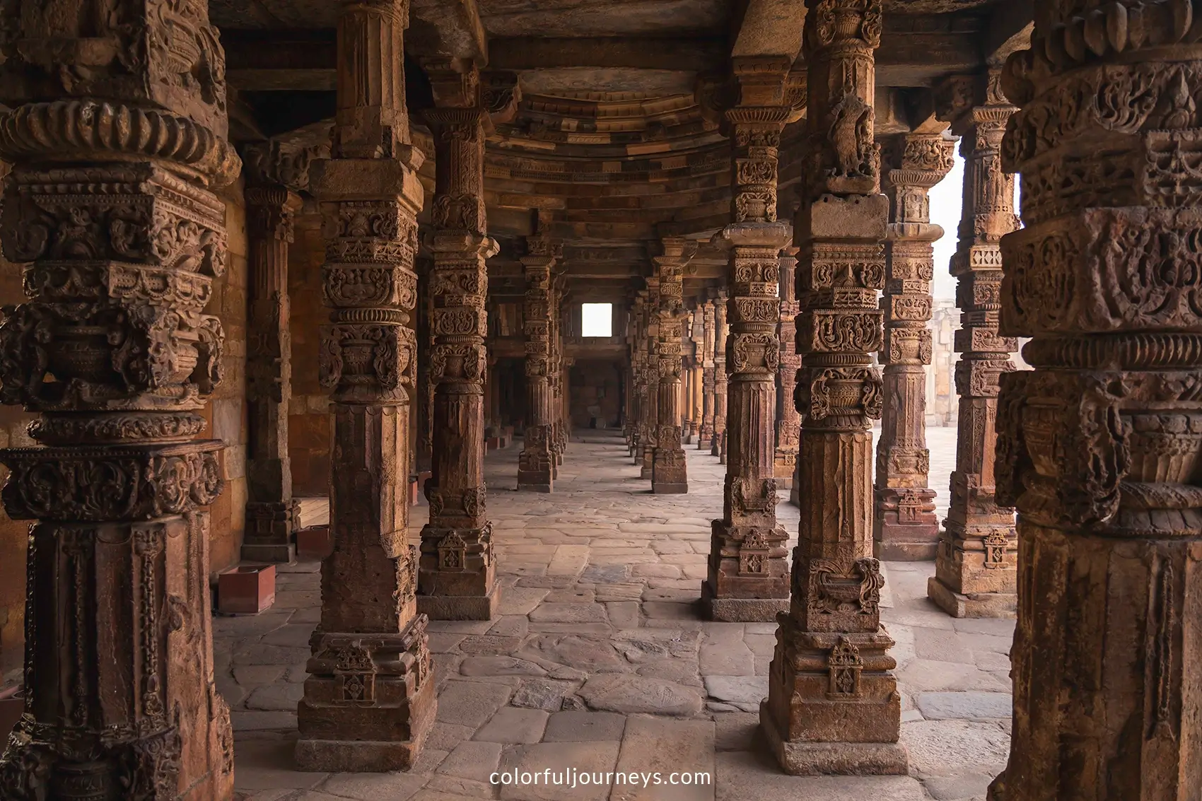 Detailed pillars at Qutub Minar in Delhi, India