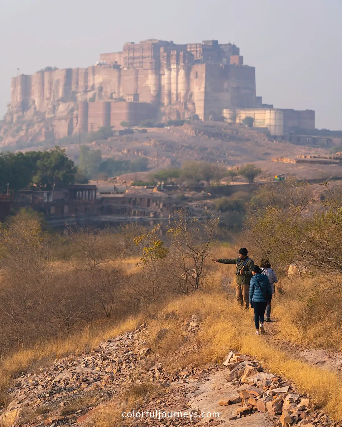 People walk around Ro Jodha Desert Rock Park in Jodhpur, India