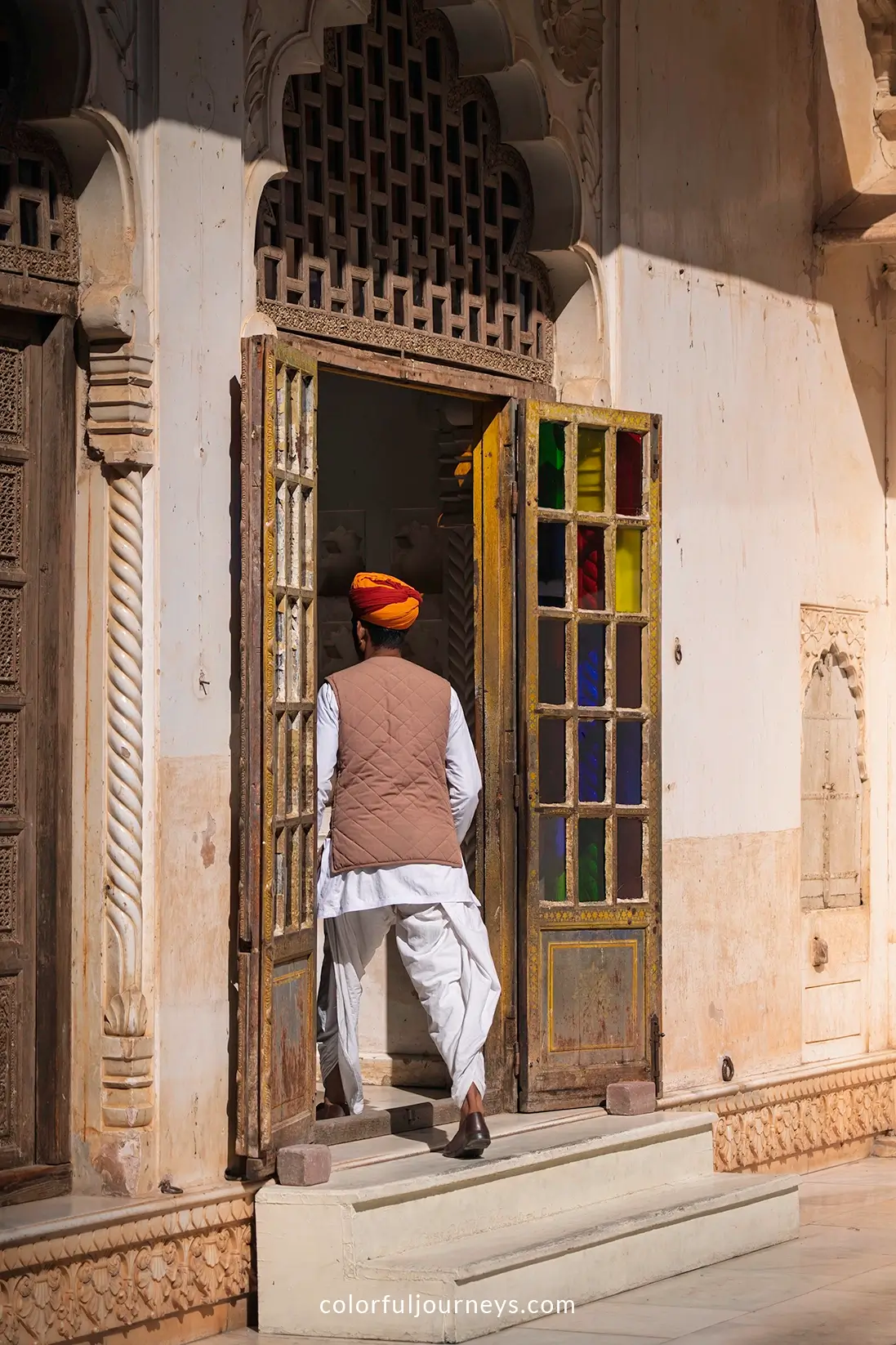 A guard at Moti Mahal at Mehrangarh Fort in Jodhpur, India