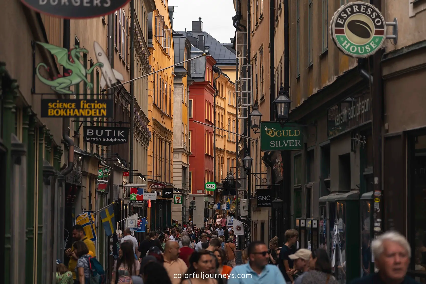 A busy walking street in Gamla Stan, Stockholm