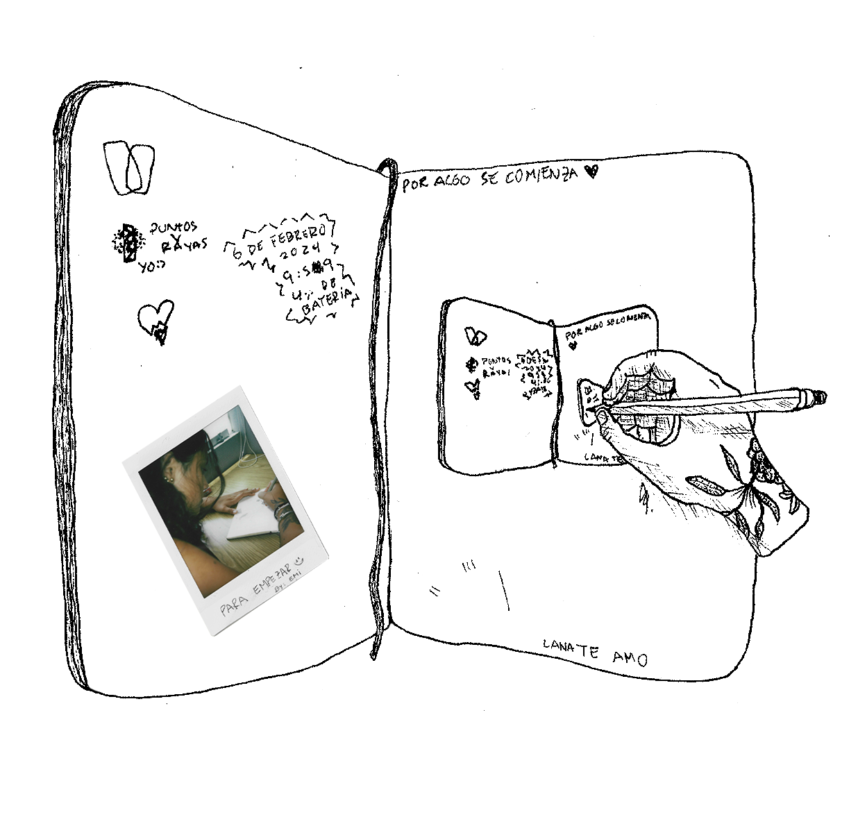 Open sketchbook with illustrations