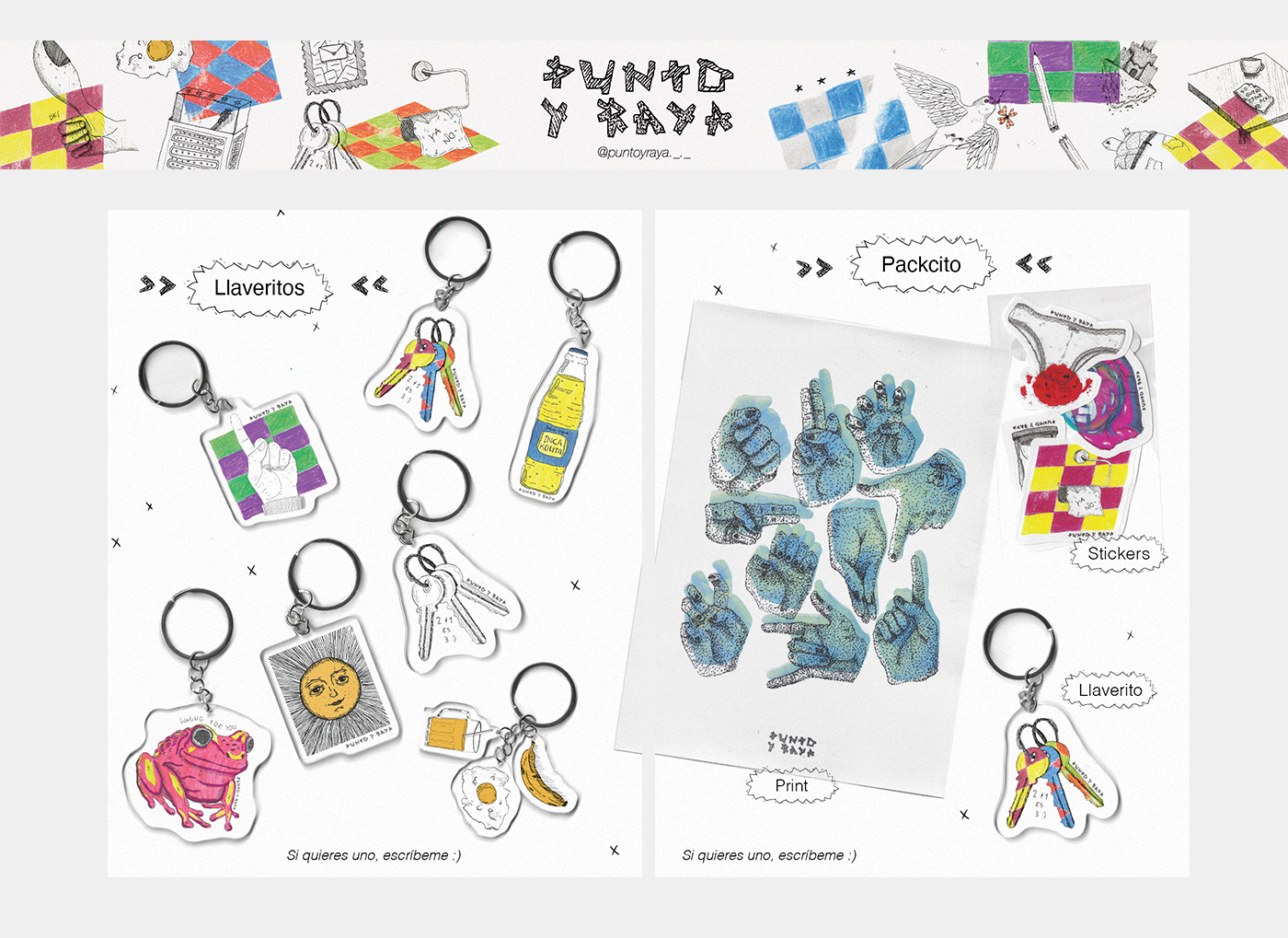 Punto y Raya keychains, stickers, and prints laid out