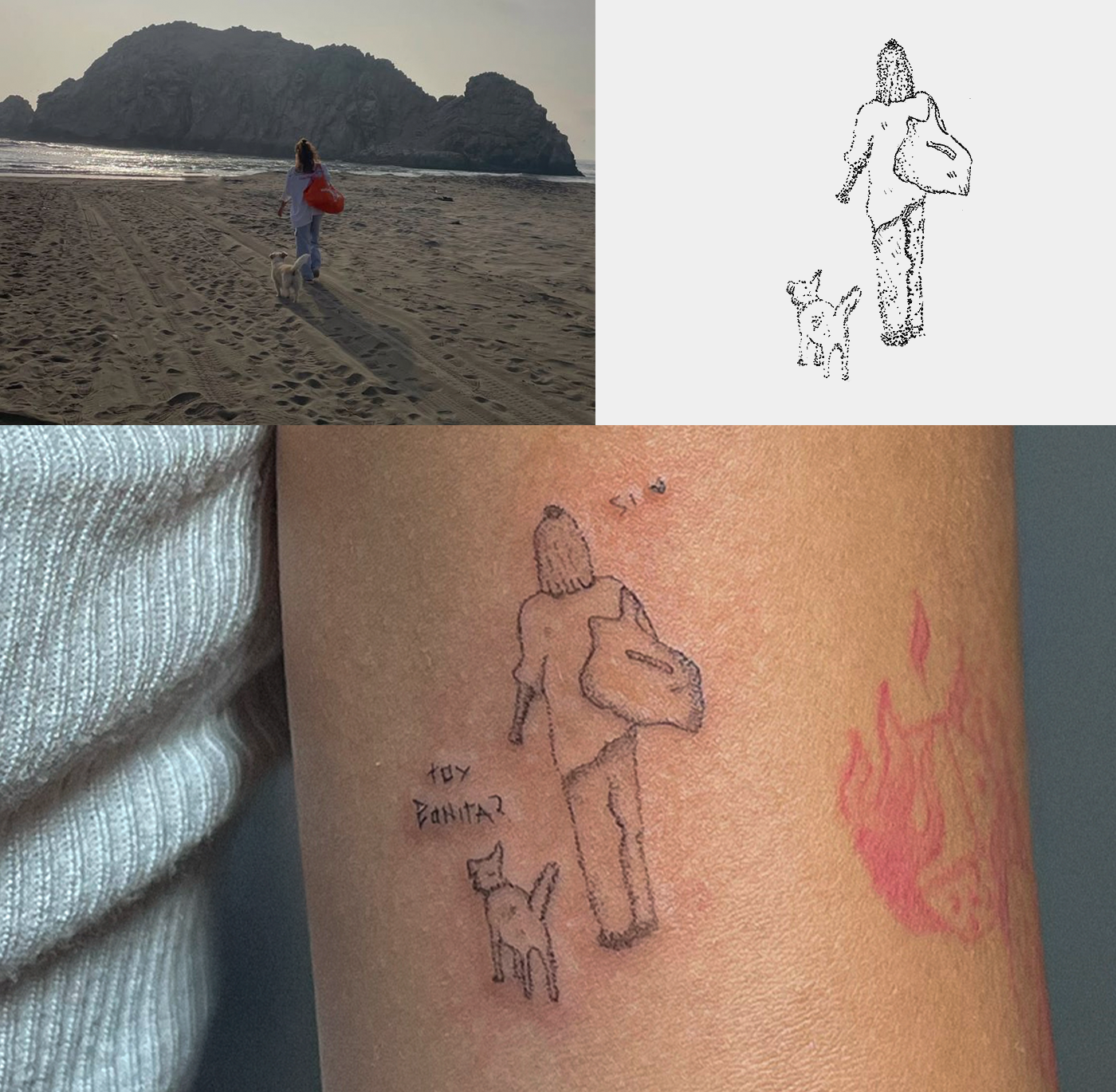 Collage — beach photo, drawing of person with dog, tattoo close-ups