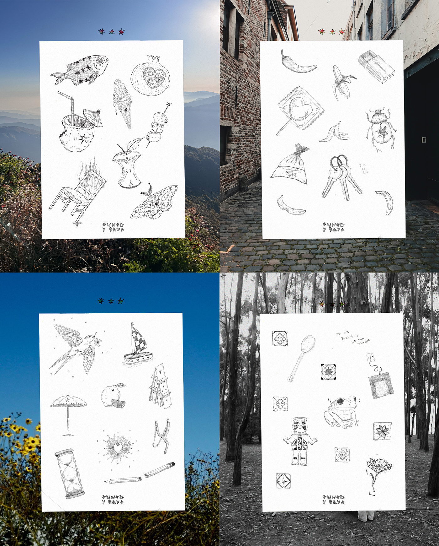 Flash sheets with landscape backgrounds — 2×2 grid