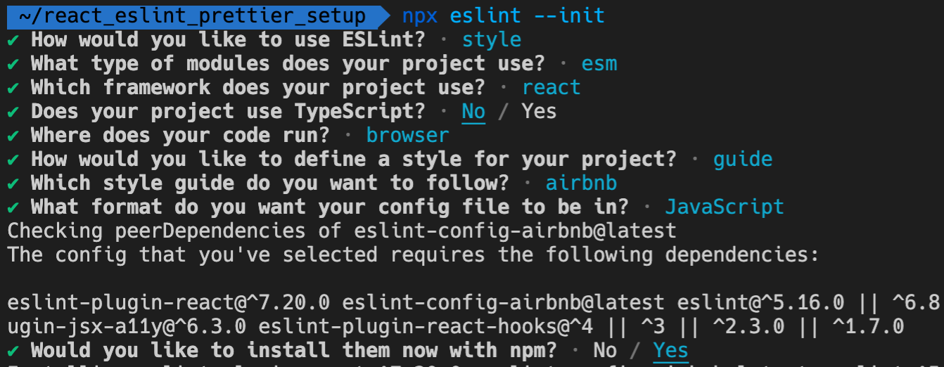 eslint init options for react