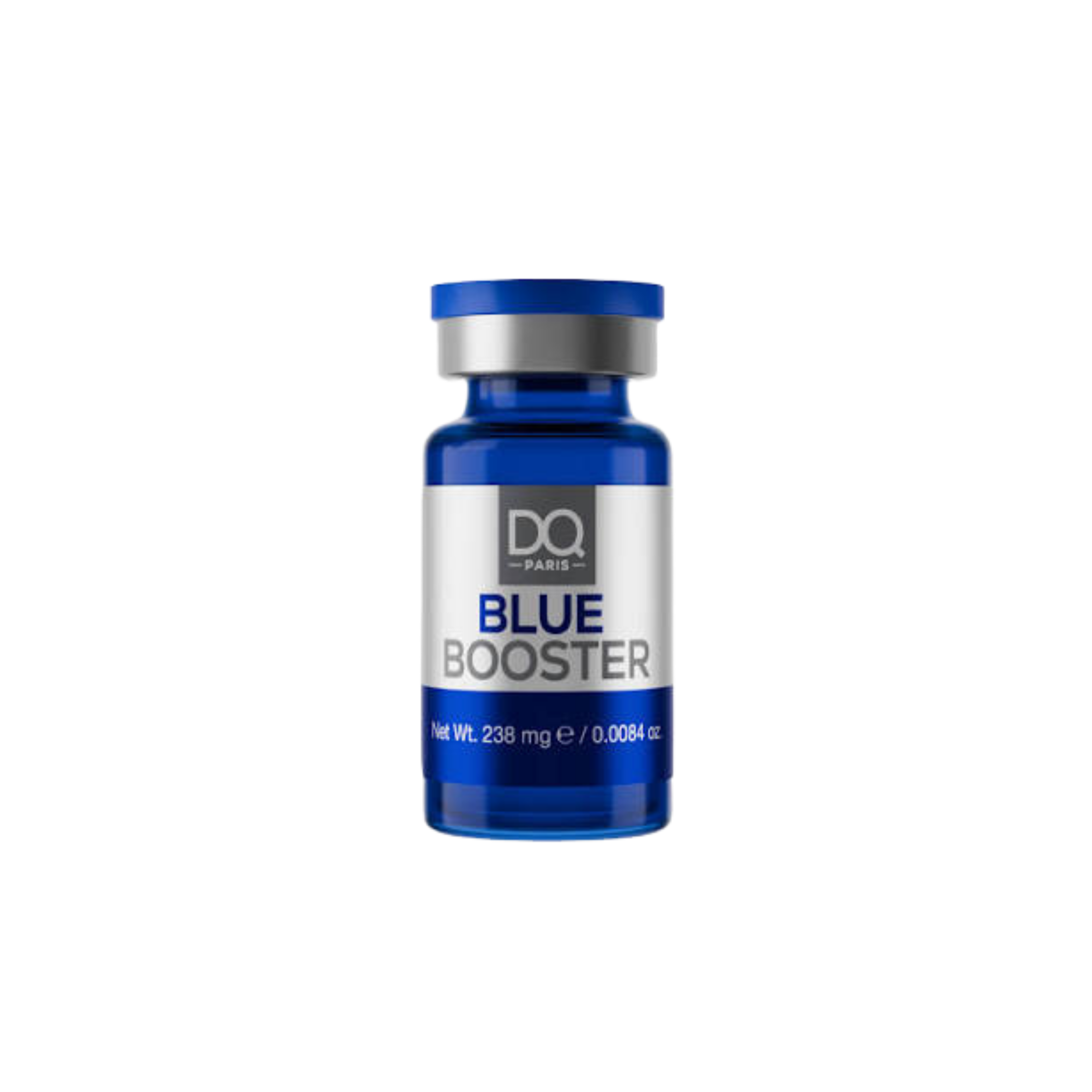DQ Paris Blue Booster copper peptide product packaging with GHK-Cu, madecassoside and ectoin ingredient icons — alternate catalogue view