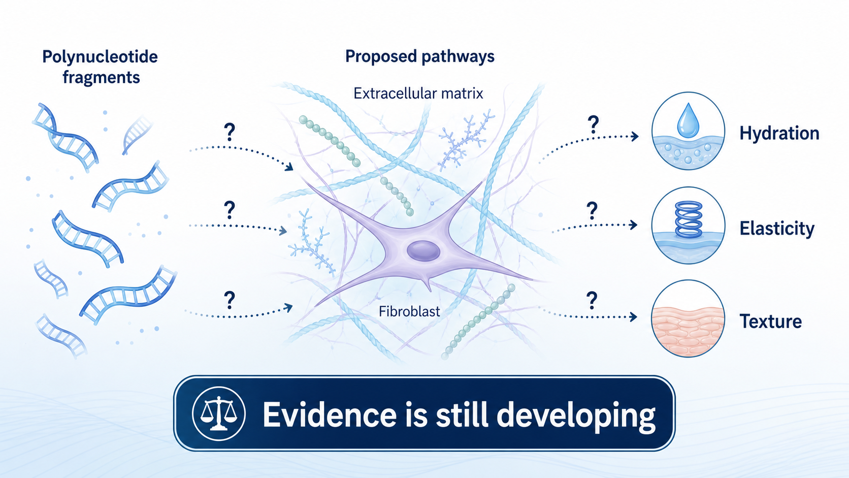 Scientific concept diagram showing polynucleotide fragments, proposed pathways and research outcomes including hydration, elasticity and texture, with a notice that evidence is still developing