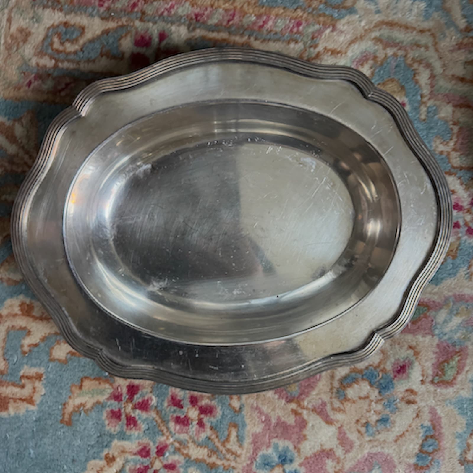 Silver Oval Scalloped Serving Platter — serveware & displays rental in Manhattan, New York from Collect Sisu