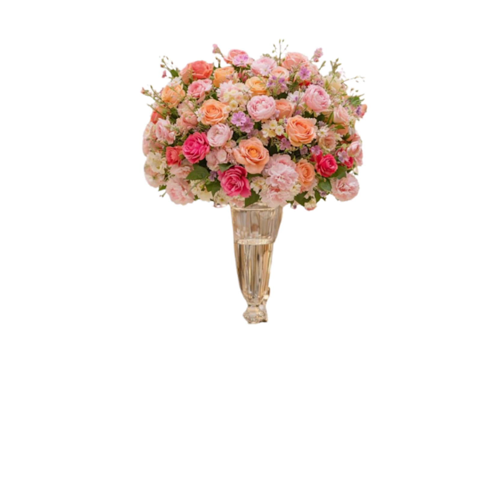 Large Pink & Peach Faux Floral Centerpiece & Glass Vase