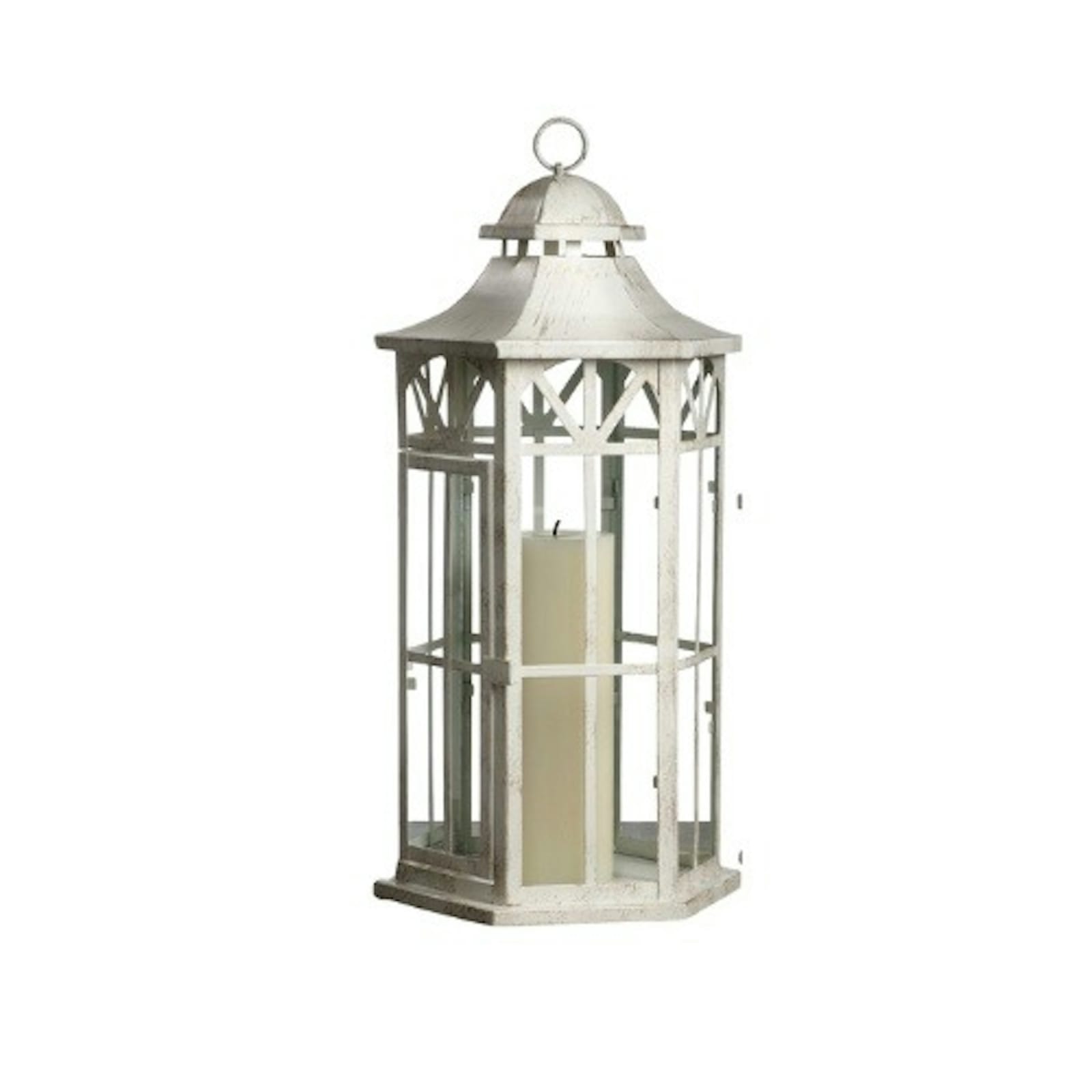 Distressed White Metal Lantern with Glass Panels