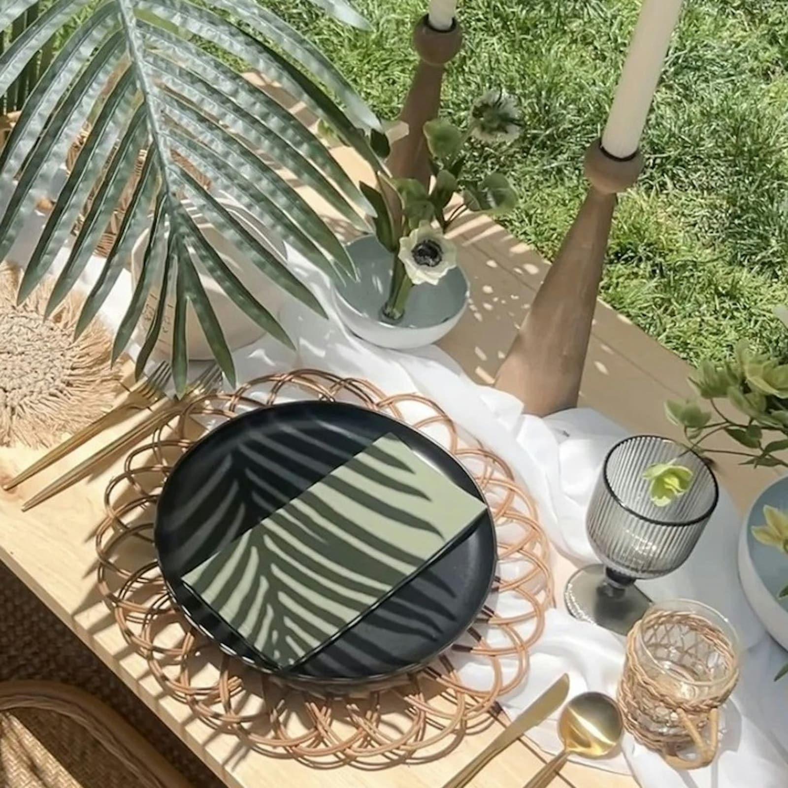 Boho Rattan & Matte Black Place Setting with Gold Flatware