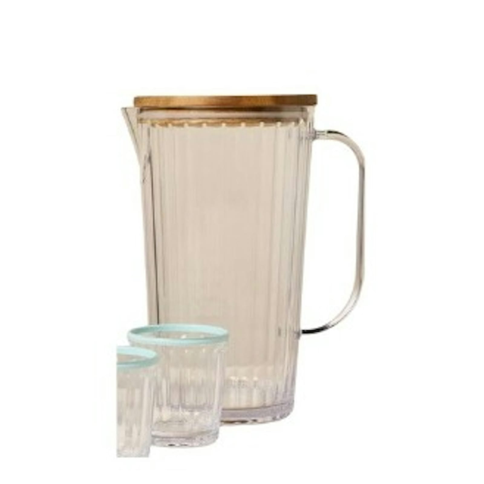 Clear Ribbed Pitcher w/ Wood Lid & 2 Cups