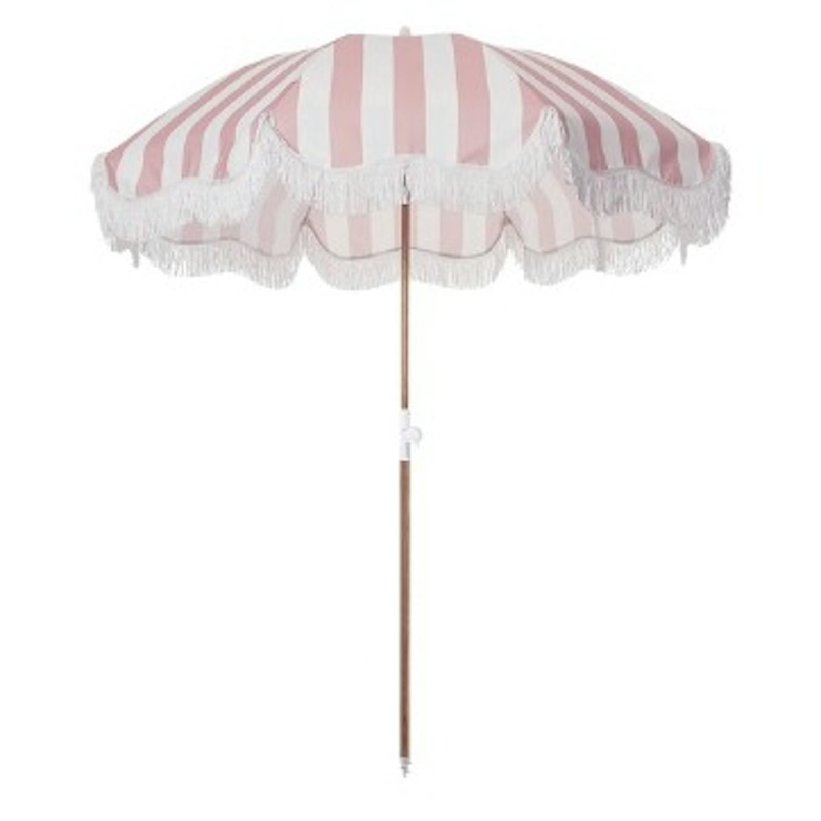 Pink & White Scalloped Stripe Fringe Umbrella — decor & props rental in New York City, New York from Collect Sisu