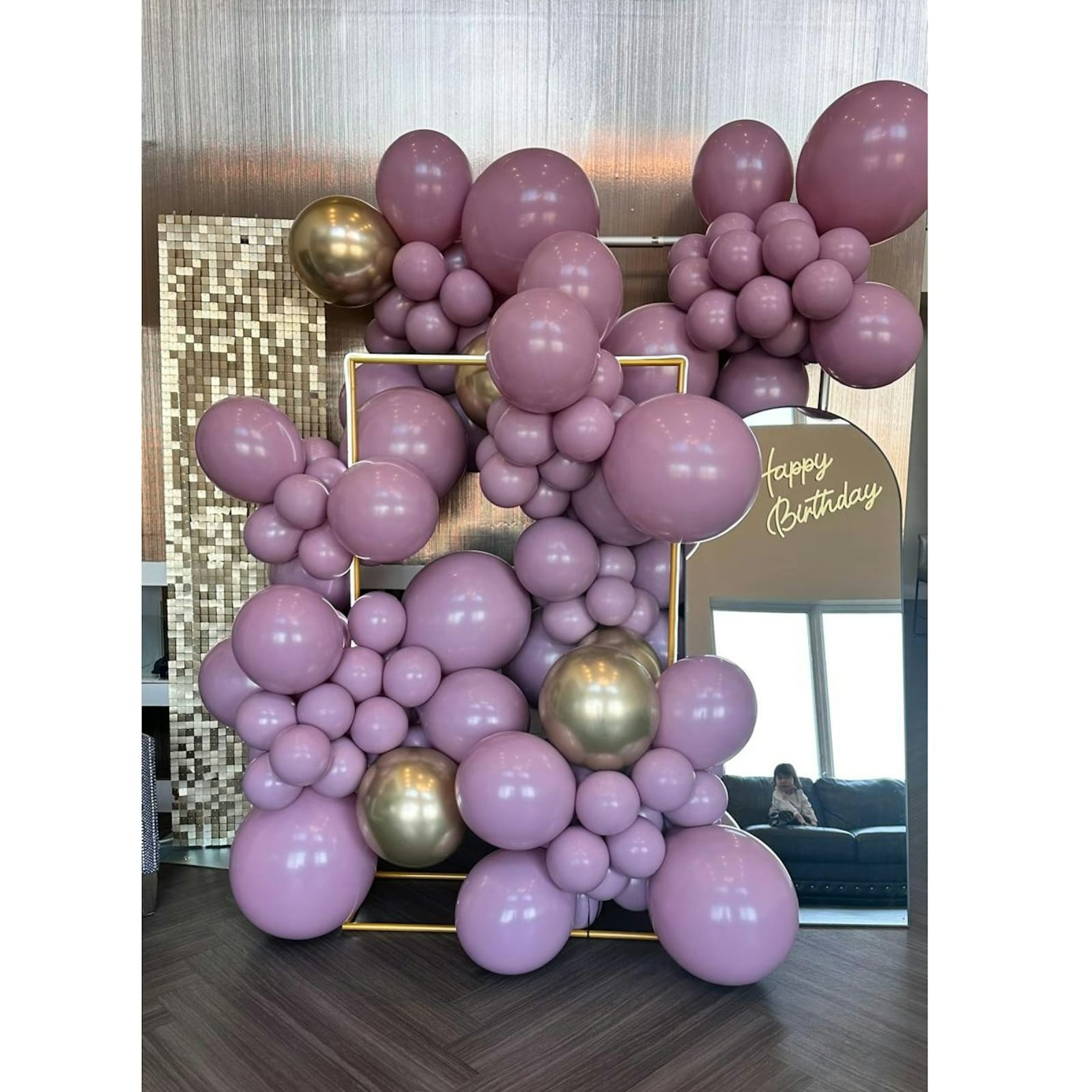Mauve and Gold Mirror Birthday Backdrop Setup — styling & decor service in Staten Island, New York from Collect Sisu