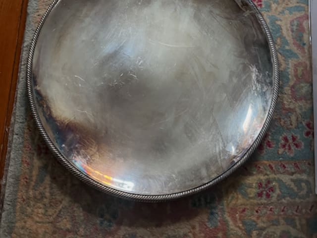 Large Round Silver Serving Tray with Rope Edge