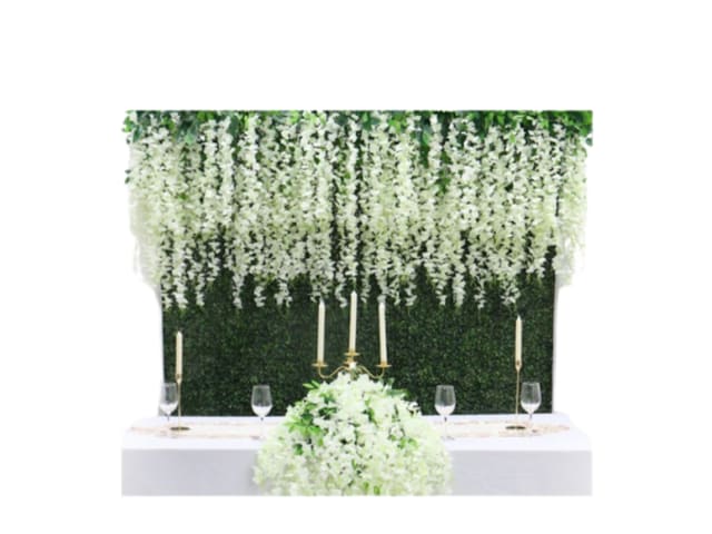 Faux White Wisteria & Green Hedge Backdrop Wall