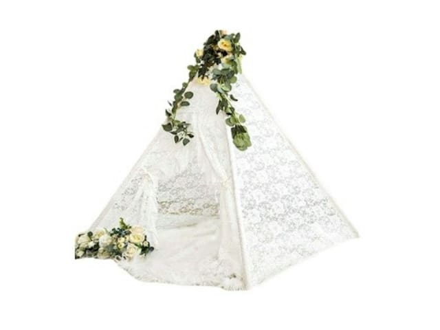 White Lace Teepee Tent with Floral Garland