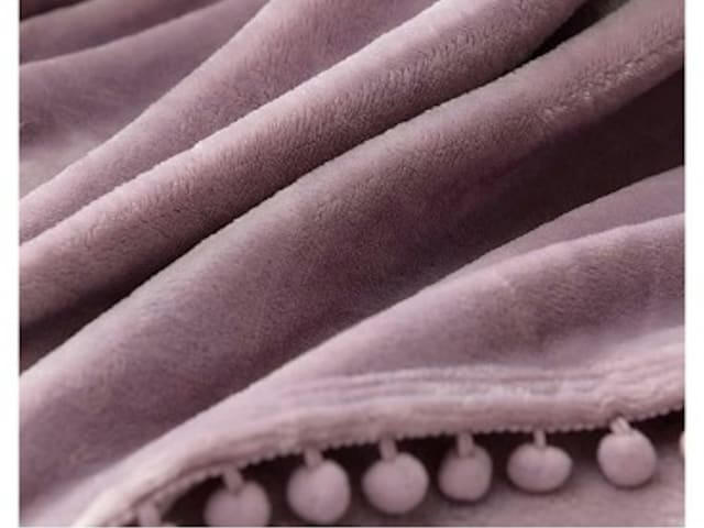 Mauve Fleece Throw Blanket with Pom-Poms  60" W x 90" L