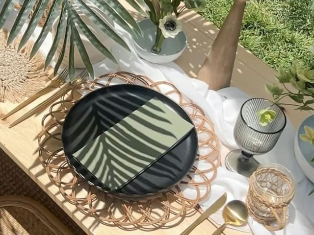Boho Rattan & Matte Black Place Setting with Gold Flatware